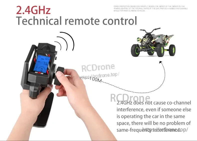 WLtoys 12428-A RC Motorcycle, The remote control offers reliable 100-meter range with 2.4GHz tech, avoiding interference. It features crash protection, a digital display, ergonomic controls, rugged tires, and a strong frame for off-road use.