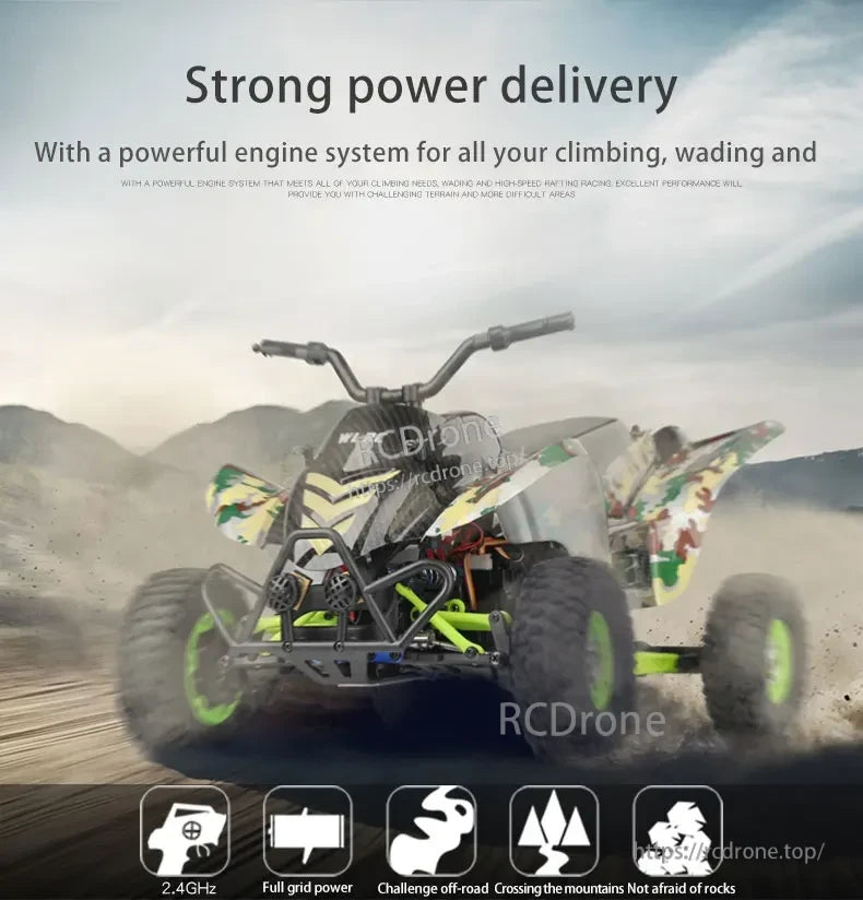 WLtoys 12428-A RC Motorcycle, Powerful engine for climbing, wading, high-speed racing. Features 2.4GHz, full grid power, off-road, mountain crossing, rock resistance.