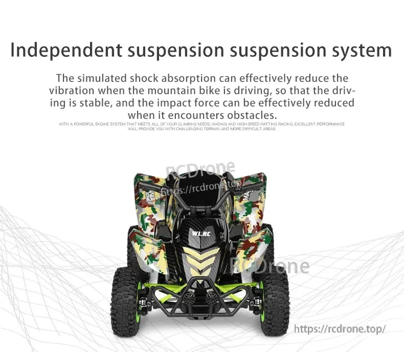 WLtoys 12428-A RC Motorcycle, The independent suspension system reduces vibrations while driving on mountainous terrain, ensuring stable driving and minimizing impact forces.