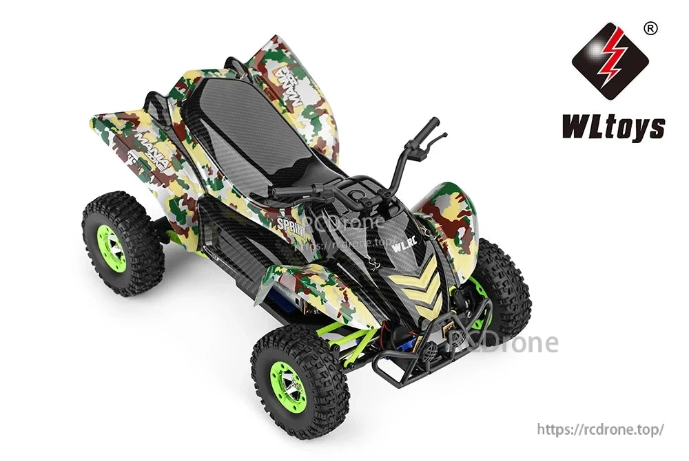 WLtoys 12428-A RC Motorcycle, Motorcycle-inspired design with sporty camo pattern and robust frame for a unique off-road look.