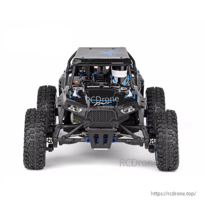 Wltoys 12428-B 1/12 4WD Brushed RC Climbing Car, The Wltoys 12428-B is a 1/12 scale 4WD brushed RC climbing car with LED lights, black and blue design, rugged tires, front grille, and roll cage.