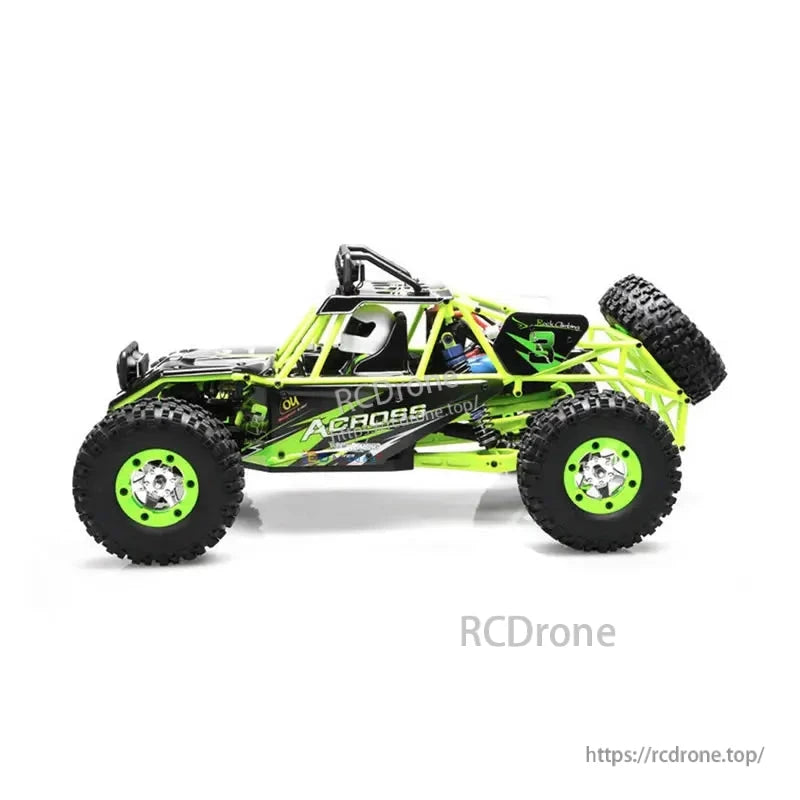 WLtoys 12428 RC Car, WLtoys 12428 RC car: 1:12 scale, 4WD, 50km/h, off-road, LED lights, 540 brushed motor, green/black design.