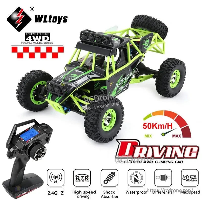 WLtoys 12428 RC Car, The WLtoys 1:12 scale 4WD off-road RC truck features a 540 brushed motor, 2.4GHz remote, shock absorbers, waterproofing, differential, LED lights, and a detailed display remote, designed for durability and agility on rugged terrain at speeds up to 50km/h.