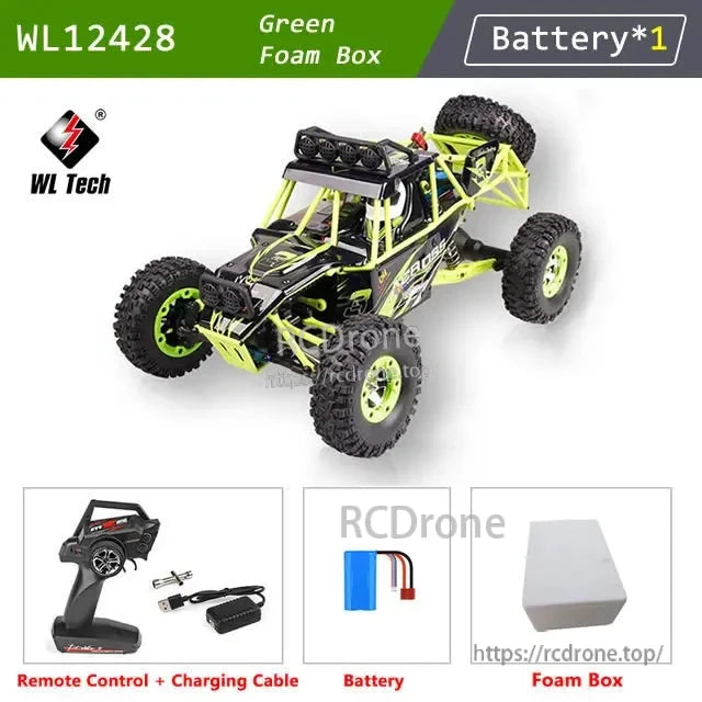 WLtoys 12428 RC Car, Green foam box, battery, remote control, charging cable.