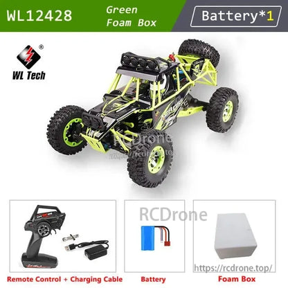 WLtoys 12428 RC Car, Green foam box, battery, remote control, charging cable.