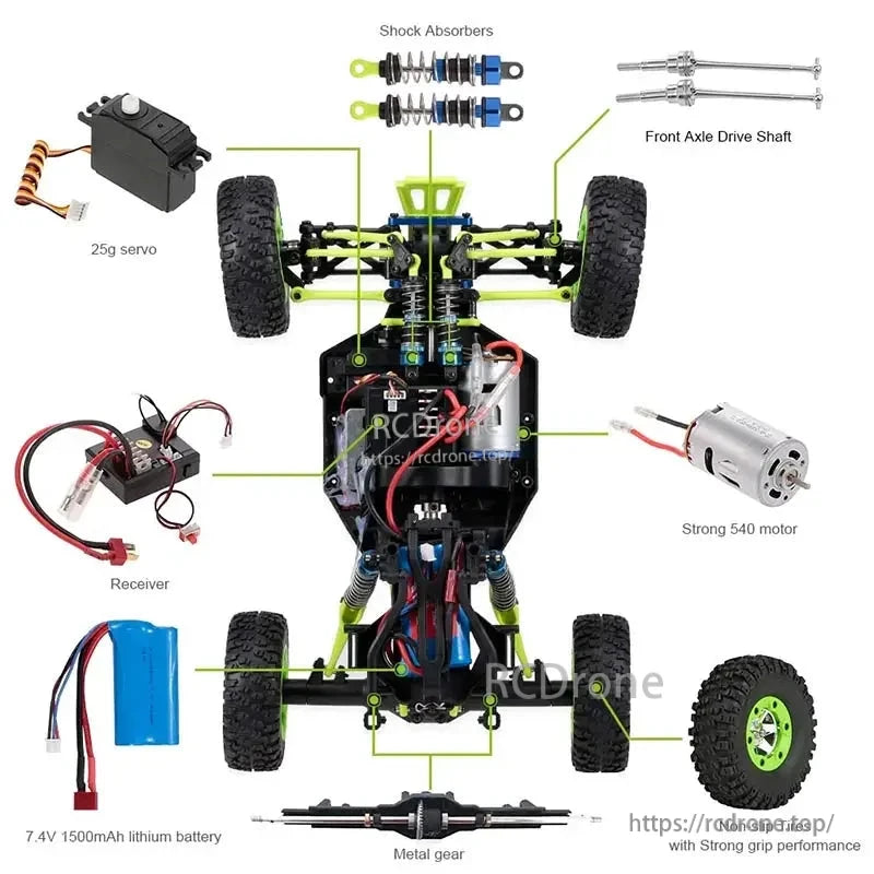 WLtoys 12428 RC Car, A 1:12 scale 4WD RC off-road truck featuring a 540 motor, shock absorbers, metal gears, 7.4V battery, receiver, servo, and strong grip tires.