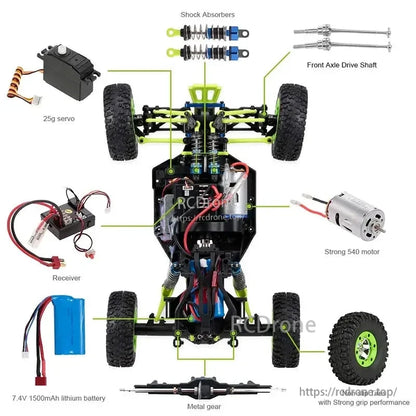 WLtoys 12428 RC Car, A 1:12 scale 4WD RC off-road truck featuring a 540 motor, shock absorbers, metal gears, 7.4V battery, receiver, servo, and strong grip tires.