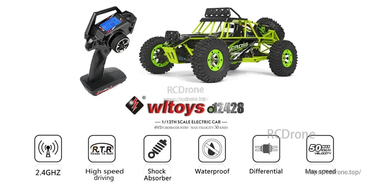 WLtoys 12428 RC Car, WLtoys 12428 1/12 scale 4WD electric RC car features 2.4GHz, high speed (up to 50 km/h), shock absorbers, waterproof design, and differential.