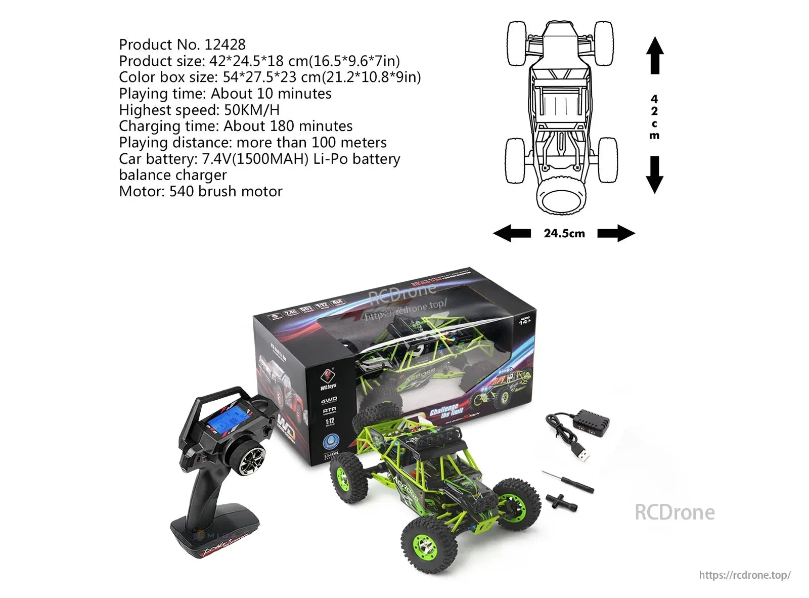WLtoys 12428 RC car: 1:12 scale, 50 km/h speed, 10-minute playtime, 7.4V Li-Po battery, includes remote, charger, tools.