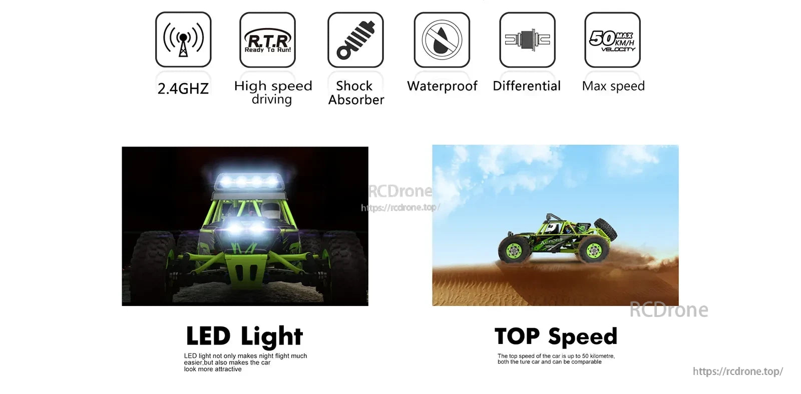 WLtoys 12428 RC Car, 2.4GHz remote control, high-speed driving up to 50km/h, shock absorbers, waterproof, differential, LED lights, suitable for various terrains.