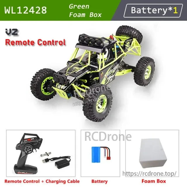 WLtoys 12428 RC Car, Green foam box includes battery, V2 remote control, charging cable, and foam box.