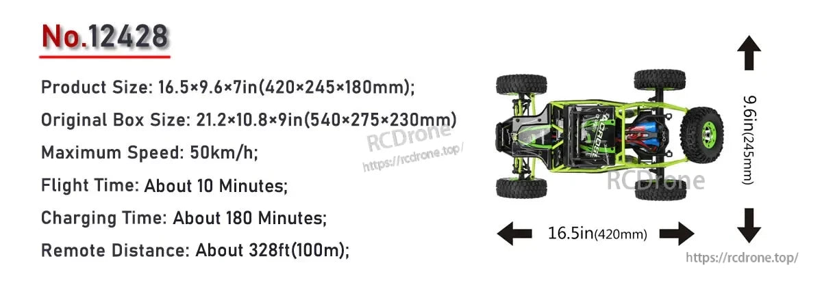 WLtoys 12428 RC car: 16.5×9.6×7in, max speed 50km/h, 10-minute flight time, 180-minute charge, 328ft range. Box: 21.2×10.8×9in.