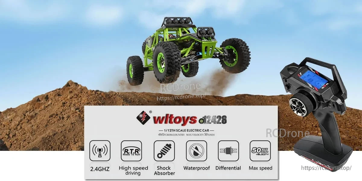 WLtoys 12428 RC Car, WLtoys 12428: 1/12 scale 4WD electric RC car with 2.4GHz, RTR, high speed, shock absorbers, waterproof, differential, max 50 km/h.