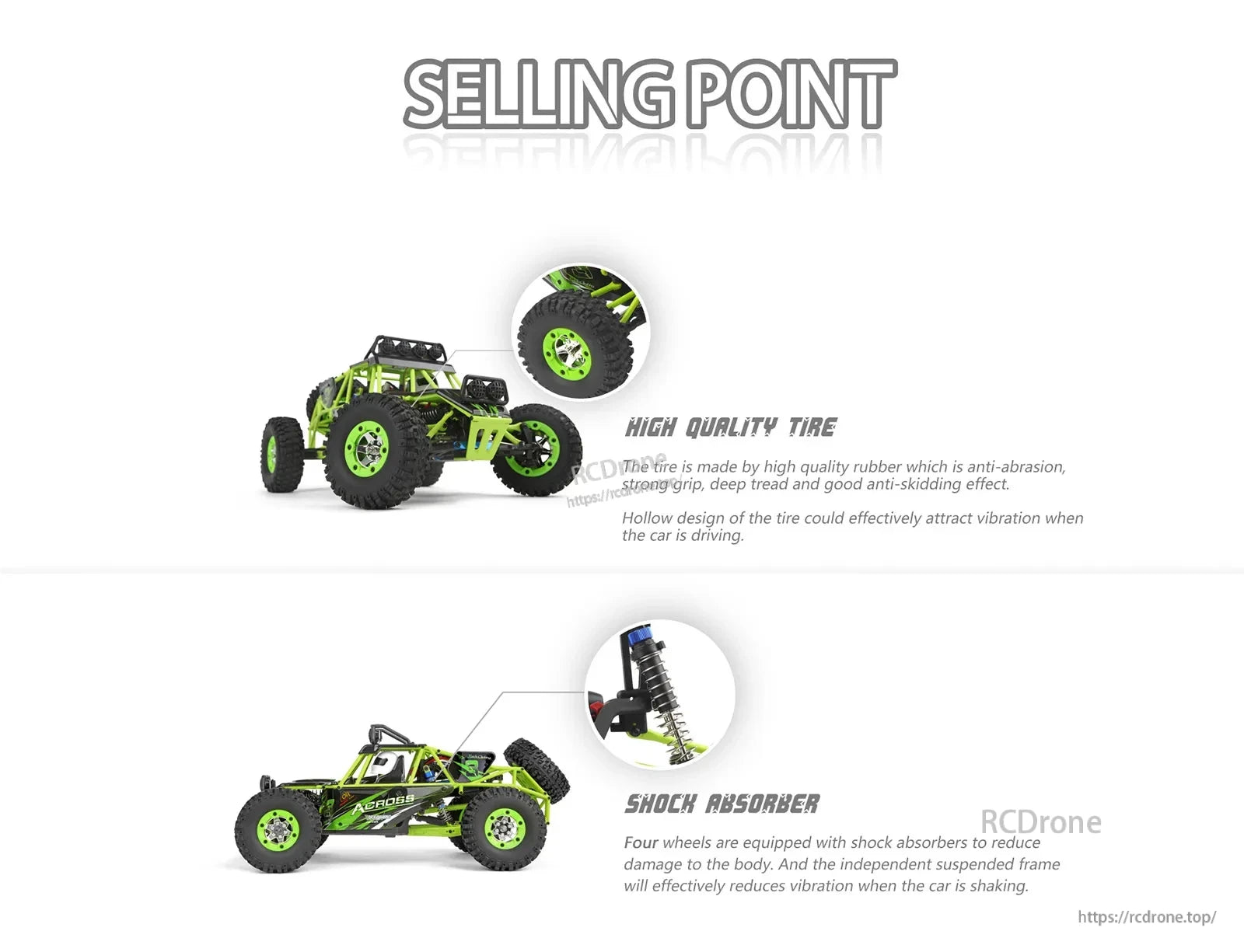 WLtoys 12428 RC Car, High-quality tires with anti-abrasion, strong grip, deep tread, and anti-skid features. Hollow design reduces vibration. Four wheels have shock absorbers and independent suspension to minimize damage and vibration.