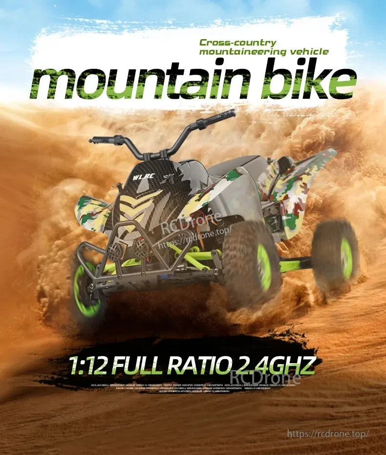 WLtoys 12428-A RC Motorcycle, Remote-controlled cross-country mountaineering vehicle with mountain bike design, 1:12 scale, 2.4GHz WLRC, high-speed off-road capabilities.
