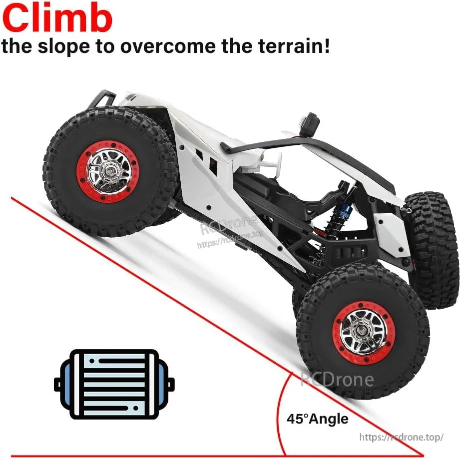 WLtoys 12429 RC Car, Climb a 45° slope with a 4WD RC car featuring high speed, LED lights, 7.4V battery, and 2.4G radio.