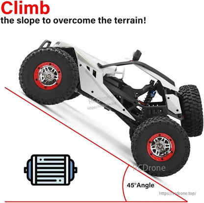 WLtoys 12429 RC Car, Climb a 45° slope with a 4WD RC car featuring high speed, LED lights, 7.4V battery, and 2.4G radio.