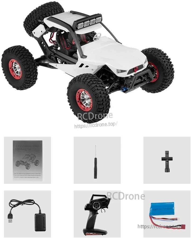 WLtoys 12429 RC Car, WLtoys 12429 RC car: 1/12 scale, 4WD off-road crawler, 40km/h, 2.4G radio, LED lights, 7.4V battery, includes remote, charger, tools, manual.