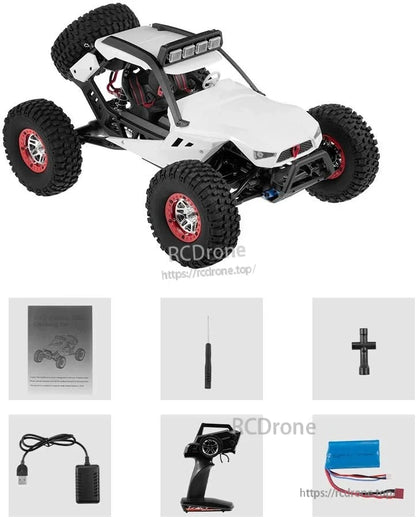 WLtoys 12429 RC Car, WLtoys 12429 RC car: 1/12 scale, 4WD off-road crawler, 40km/h, 2.4G radio, LED lights, 7.4V battery, includes remote, charger, tools, manual.