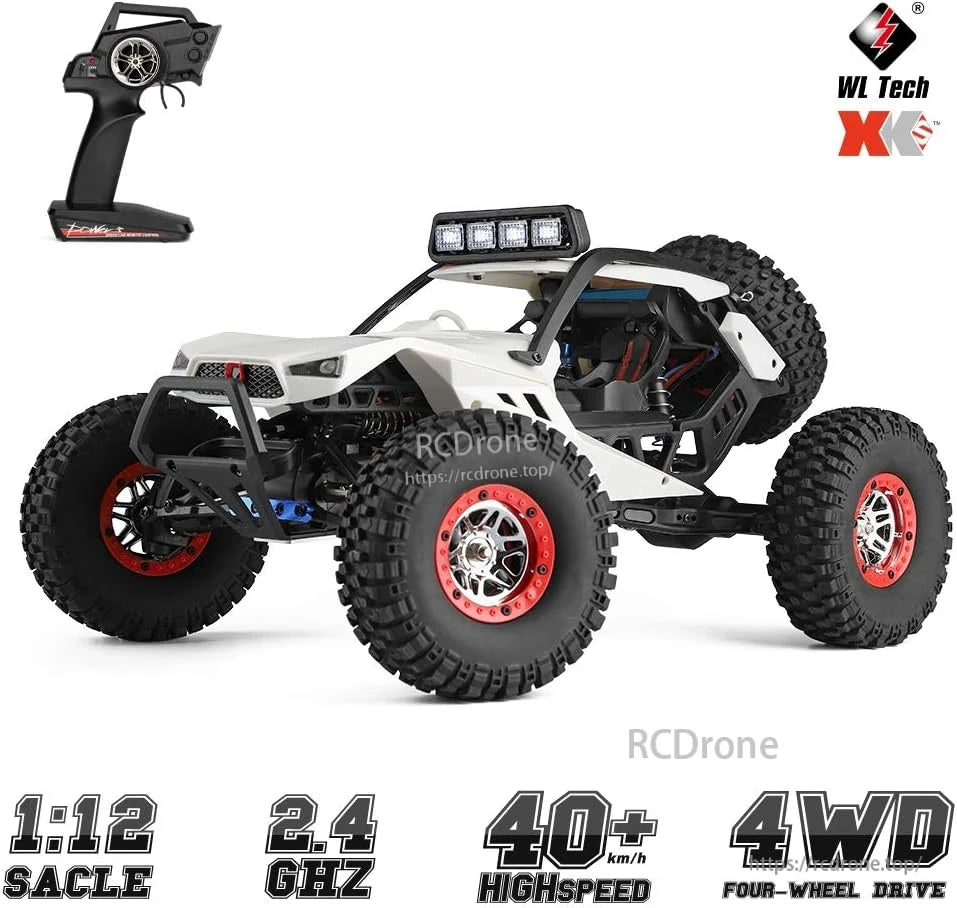WLtoys 12429 RC Car, The WL Tech XK is a 1:12 scale 4WD RC truck with 2.4GHz control, reaching speeds over 40 km/h, featuring LED lights and a 7.4V battery for high-speed off-road performance.