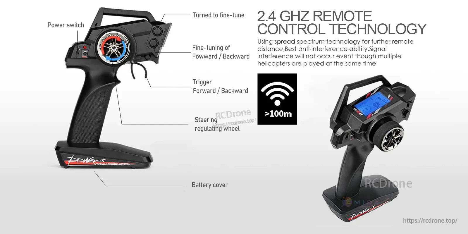 WLtoys 12429 RC Car, 2.4 GHz remote control with spread spectrum offers long range, anti-interference, power switch, fine-tuning, trigger, steering wheel, battery cover, and over 100m range.