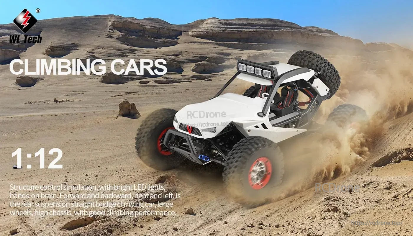 WLtoys 12429 RC Car, WL Tech 1:12 RC car features LED lights, remote control, large wheels, high chassis, and strong off-road performance for desert terrain.