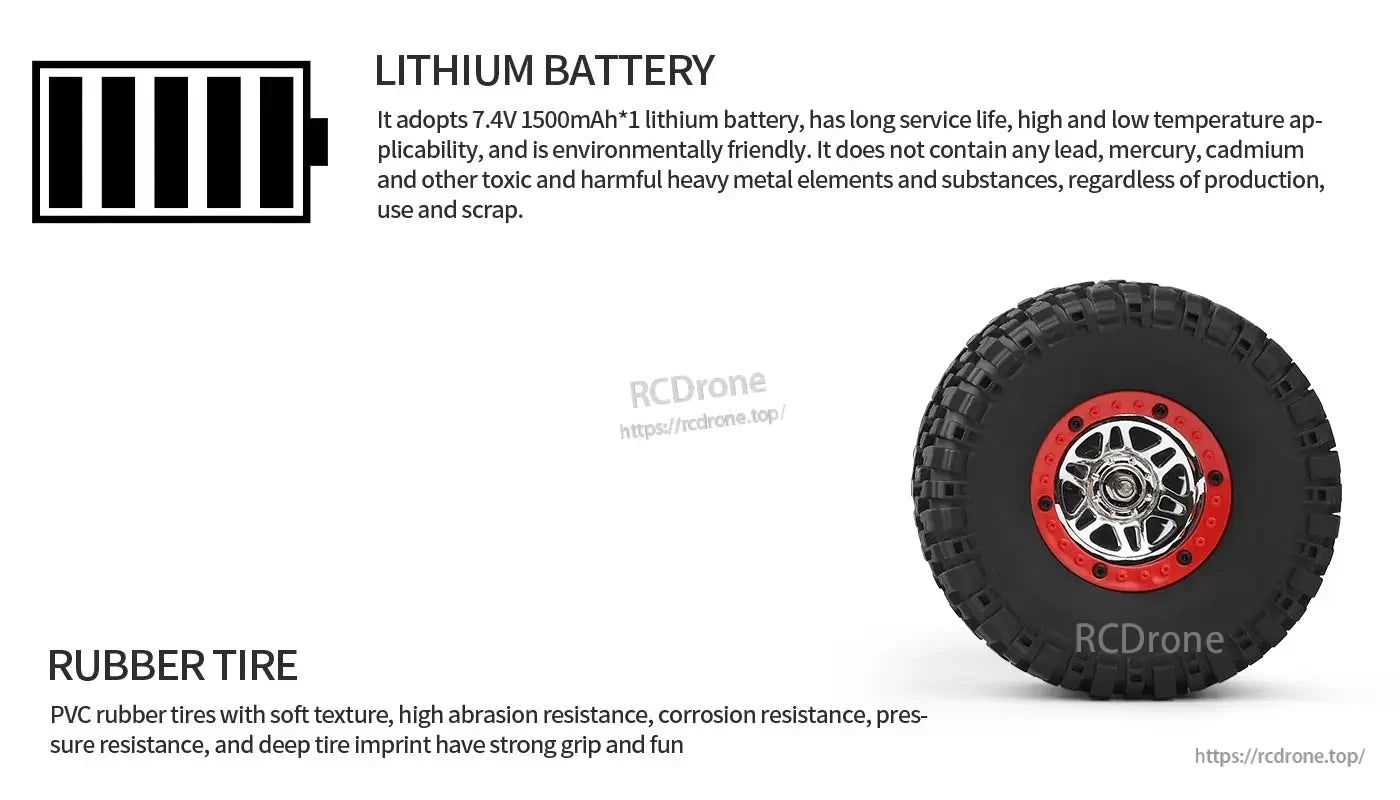 WLtoys 12429 RC Car, The product features a long-lasting, eco-friendly 7.4V 1500mAh lithium battery and durable PVC rubber tires for strong grip, abrasion resistance, and enhanced performance in various conditions.