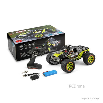 WLtoys 144002 1:14 scale 2.4GHz 4WD RC car, reaches 50km/h, includes remote, battery, charger, and accessories.