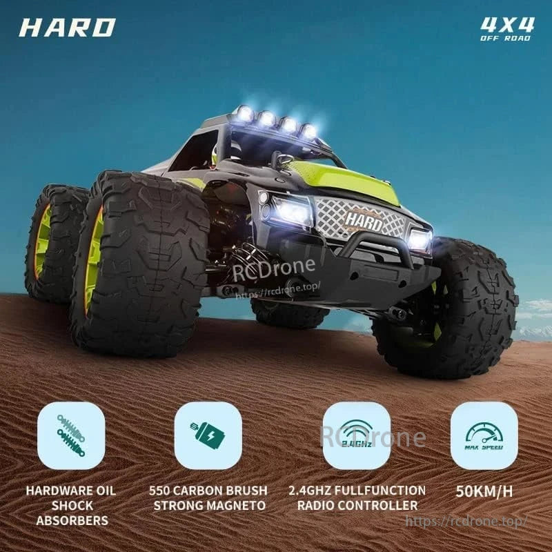 High-speed 4x4 RC car with advanced features, including a 2.4GHz controller, oil shocks, and a carbon motor, ideal for off-road enthusiasts.