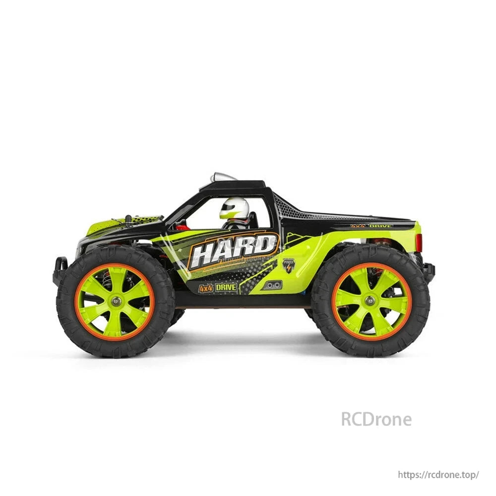 WLtoys 144002 1:14 scale 2.4GHz 4WD RC car, 50km/h speed, alloy drift vehicle, RTR, green and black design.