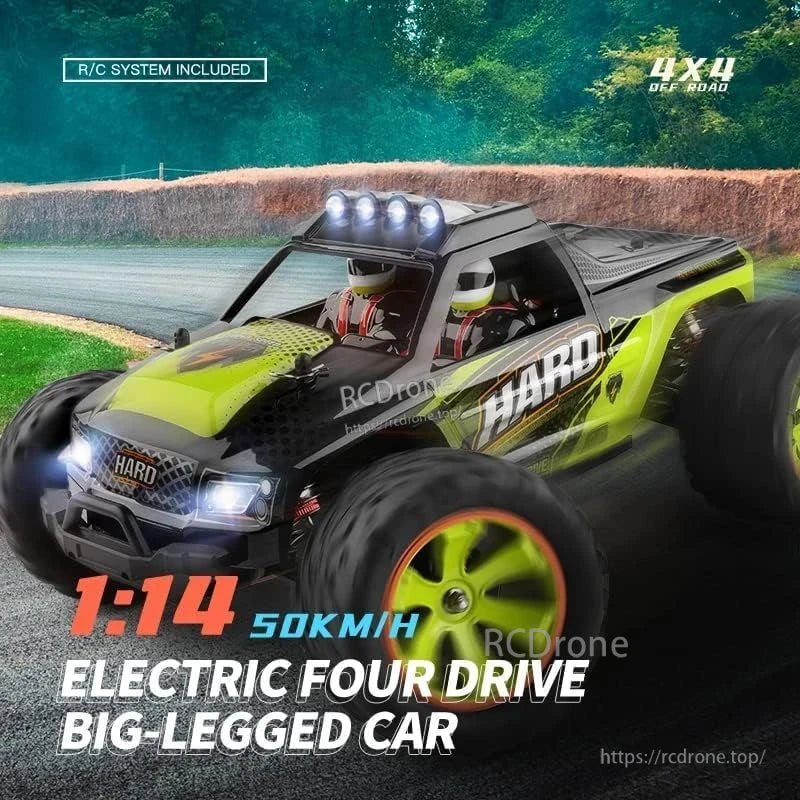 1:14 scale electric 4WD off-road RC car with alloy body, big tires, reaches 50km/h, includes R/C system.