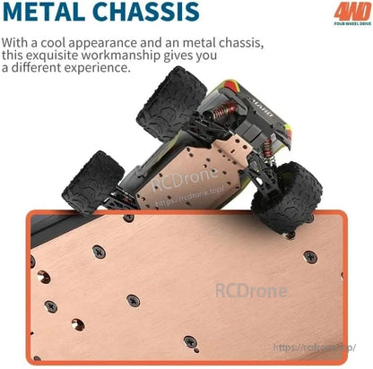 Metal chassis, alloy body, 4WD remote control car with rugged design and enhanced performance.