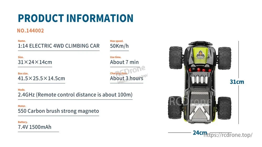 WLtoys 144002 Racing Car, Electric 4WD climbing car with max speed 50km/h, 7-minute runtime, 3-hour charge time, 100m remote range, durable tires, and off-road design.
