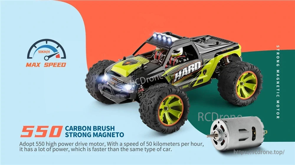 Wltoys 144002 RTR 1/14 2.4G 4WD 50km/h RC Car Vehicles Brushed LED Light Truck Toys WLtoys 144002 Racing Car, A 550 horsepower motor propels a racing car to 50km/h speeds using strong magnetism and carbon brush technology.