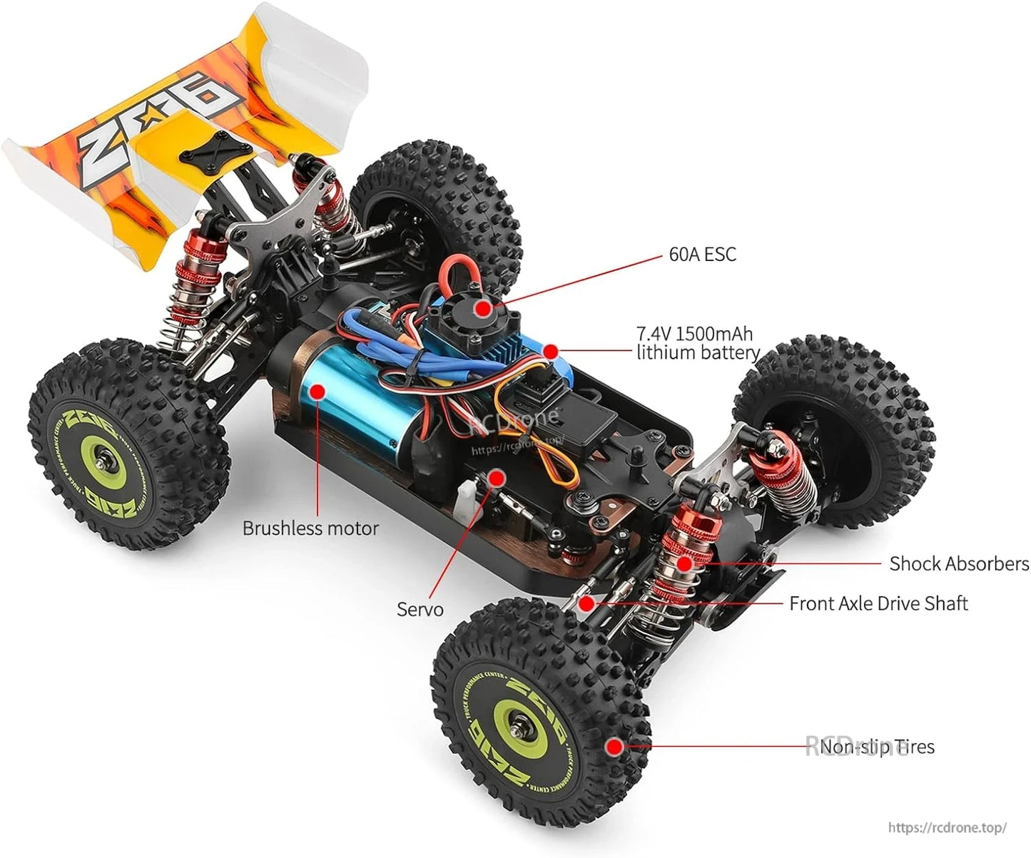 Wltoys 144010 RC Car, Wltoys 144010 RC car: 1/14 scale, 4WD, 75km/h, brushless motor, aluminum chassis, zinc gears, oil shocks, non-slip tires, 60A ESC, 7.4V battery, servo, drive shaft.