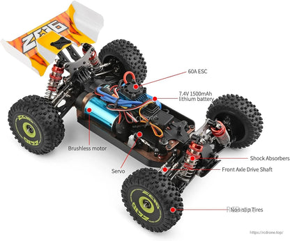 Wltoys 144010 RC Car, Wltoys 144010 RC car: 1/14 scale, 4WD, 75km/h, brushless motor, aluminum chassis, zinc gears, oil shocks, non-slip tires, 60A ESC, 7.4V battery, servo, drive shaft.