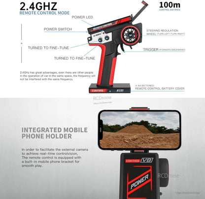 Wltoys 144010 RC Car, 2.4GHz remote with 100m range, power switch, steering wheel, trigger, fine-tune knobs, phone holder, and 4 AA battery power.