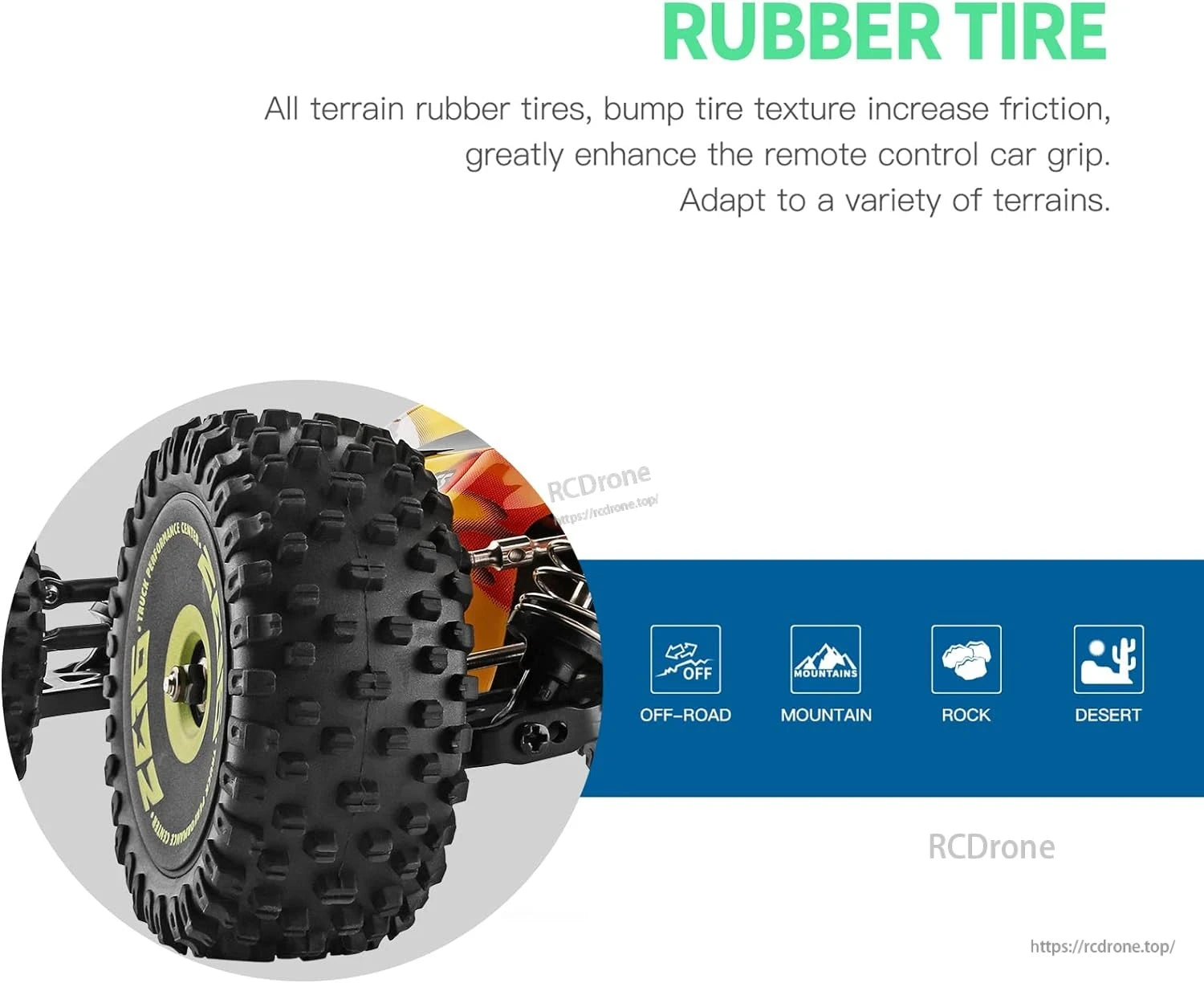 Wltoys 144010 RC Car, Rubber tires with bump texture improve grip for all-terrain use. Perfect for off-road, mountain, rock, and desert. High-speed 4WD brushless RC car with durable chassis and shock absorbers.