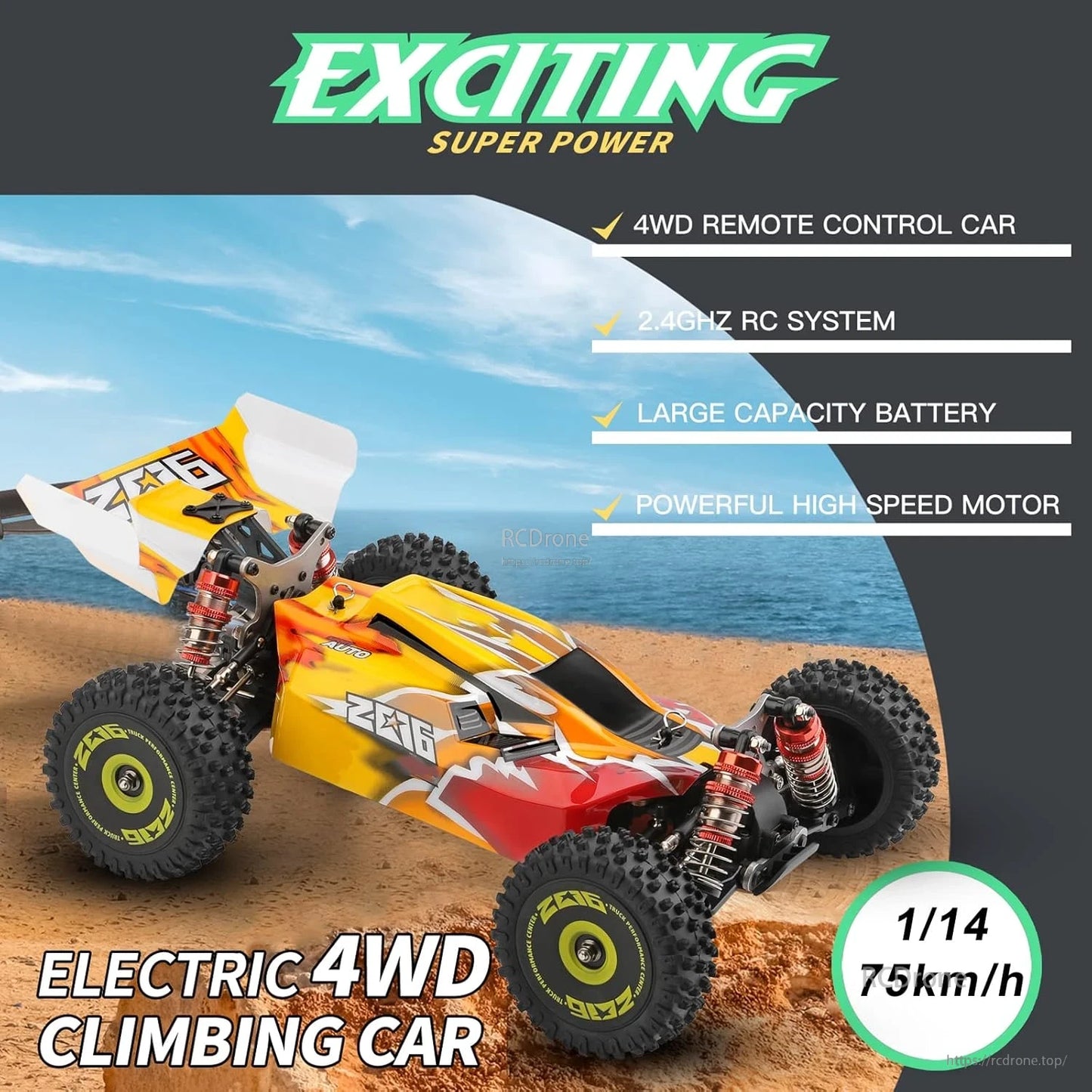 Wltoys 144010 RC Car, Exciting 1/14 scale electric 4WD climbing car with 75km/h speed, 2.4GHz RC, large battery, powerful motor, and aluminum chassis with oil shocks.