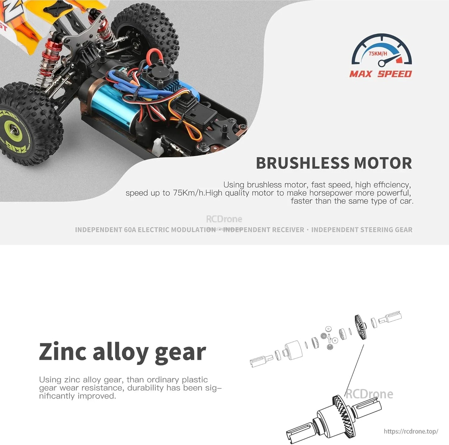 Wltoys 144010 RC Car, High-speed 1/14 RC off-road car with brushless motor, zinc alloy gears, aluminum chassis, oil shocks, and 60A modulation. Reaches 75km/h.