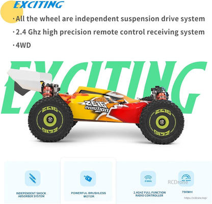Wltoys 144010 RC Car, High-speed 4WD RC car with brushless motor, 2.4GHz control, aluminum chassis, and off-road features, reaching 75km/h.