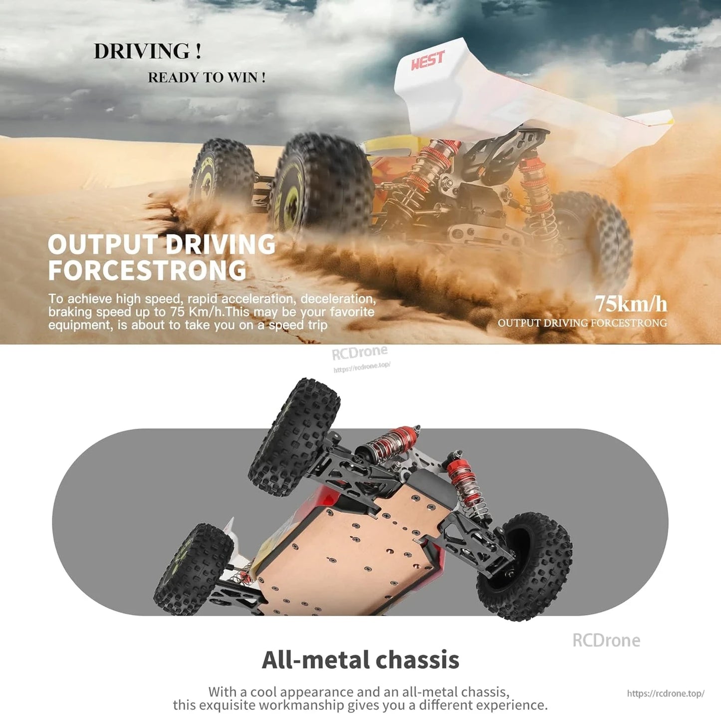 Wltoys 144010 RC Car, Powerful driving force, up to 75 km/h. All-metal chassis for durability and performance.