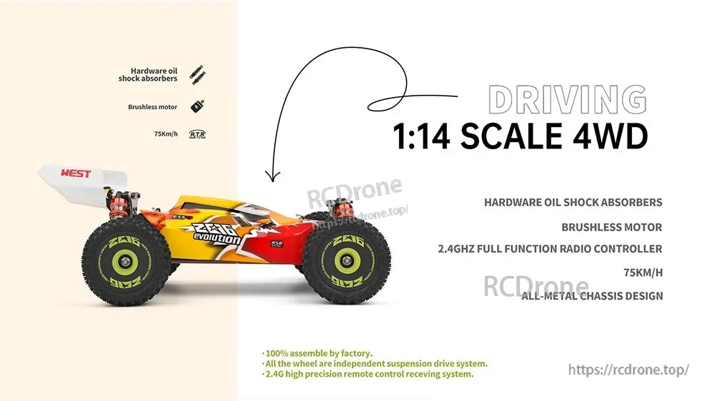 The Wltoys 144010 RC car is a 1:14 scale 4WD model with a brushless motor, all-metal chassis, and oil shocks, reaching up to 75 km/h. It features independent suspension, a 2.4GHz controller, and precise, responsive controls for high performance.