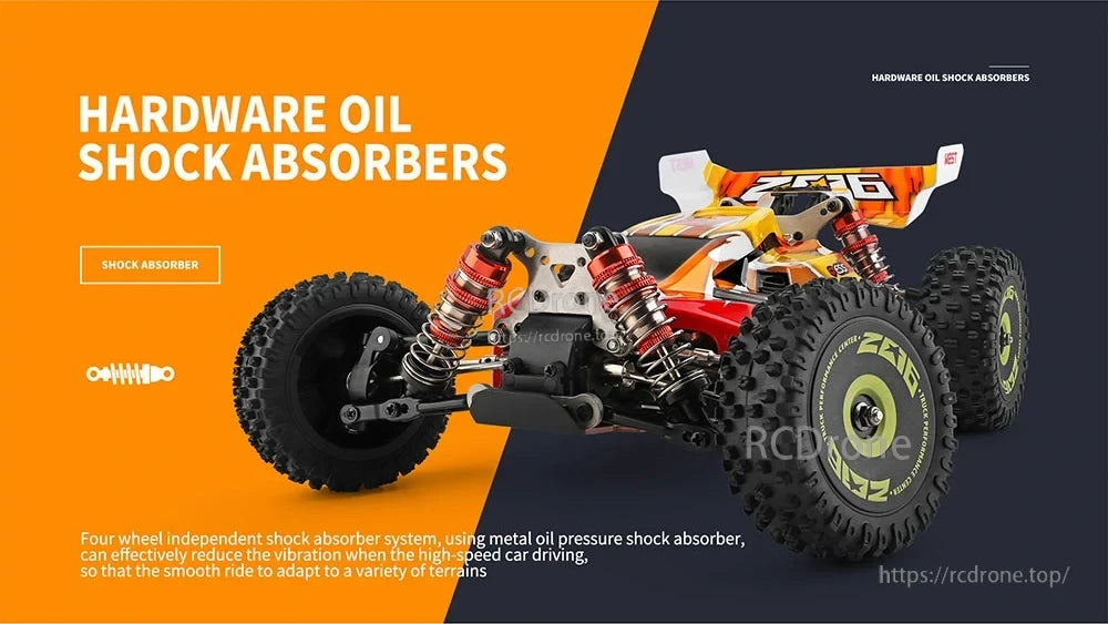 Wltoys 144010 1/14 2.4G 4WD High Speed Racing Brushless RC Car Vehicle Models 75km/h Several Battery Wltoys 144010 RC Car, Four-wheel independent system with metal oil pressure shocks reduces vibration for a smooth ride on various terrains.