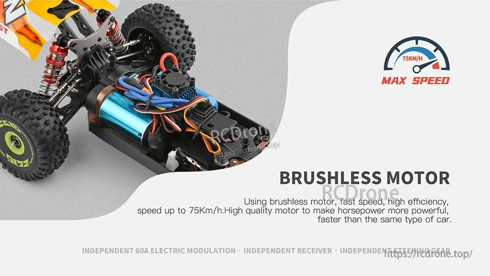 Wltoys 144010 1/14 2.4G 4WD High Speed Racing Brushless RC Car Vehicle Models 75km/h Several Battery The Wltoys 144010 RC car features a brushless motor, reaching 75 km/h with high efficiency, fast speed, strong horsepower, 60A modulation, and includes receiver and steering gear.