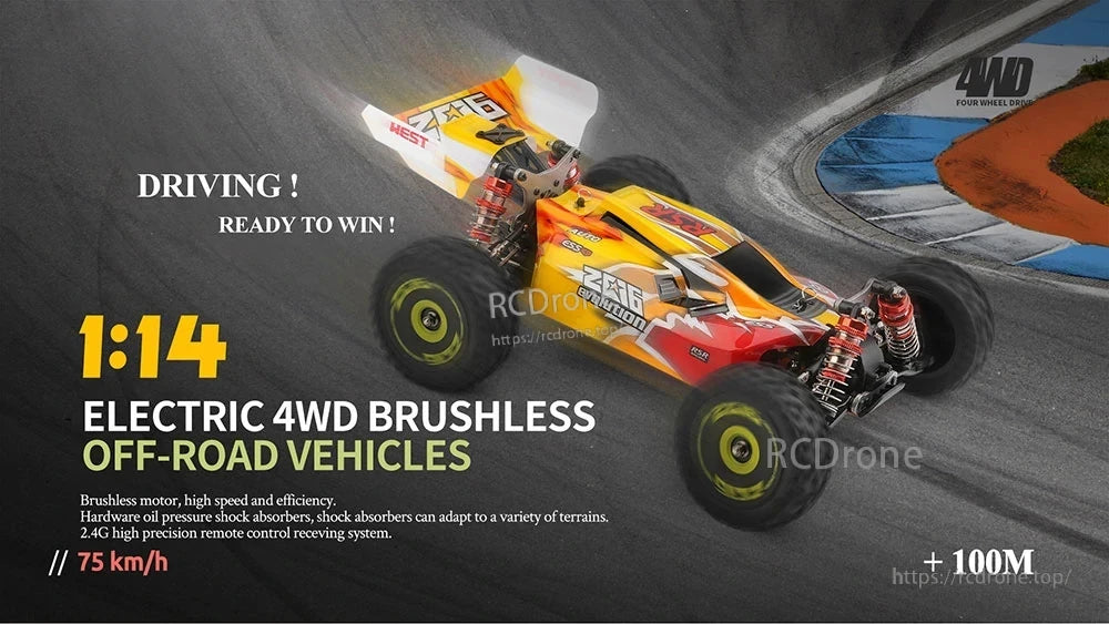 Wltoys 144010 1/14 2.4G 4WD High Speed Racing Brushless RC Car Vehicle Models 75km/h Several Battery Wltoys 144010 RC Car, Electric 4WD brushless off-road vehicle with high speed (75 km/h), oil shocks, 2.4G remote control, range over 100M.