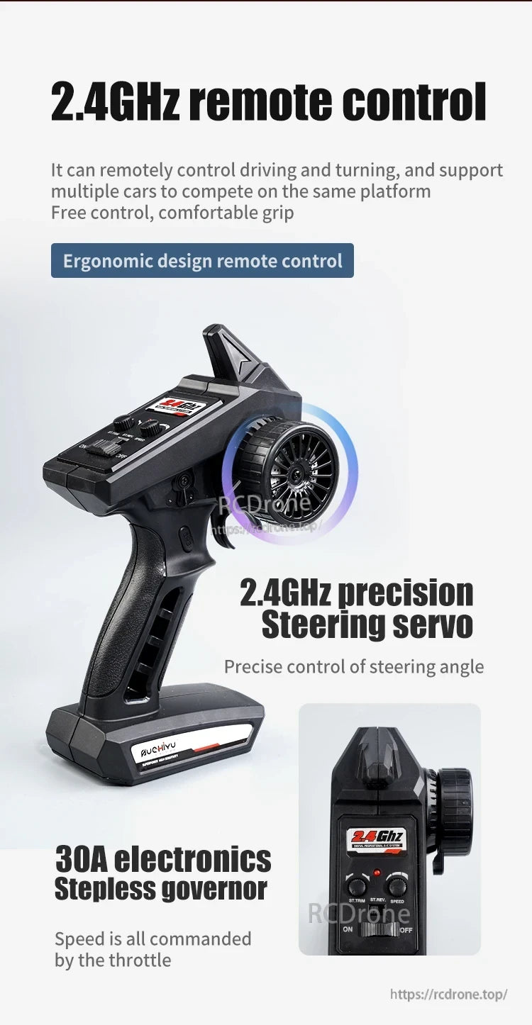 WLtoys 16102 1:16 Rc Car, 2.4GHz remote features ergonomic design, precision steering, 30A electronics, and stepless governor for accurate speed and control.