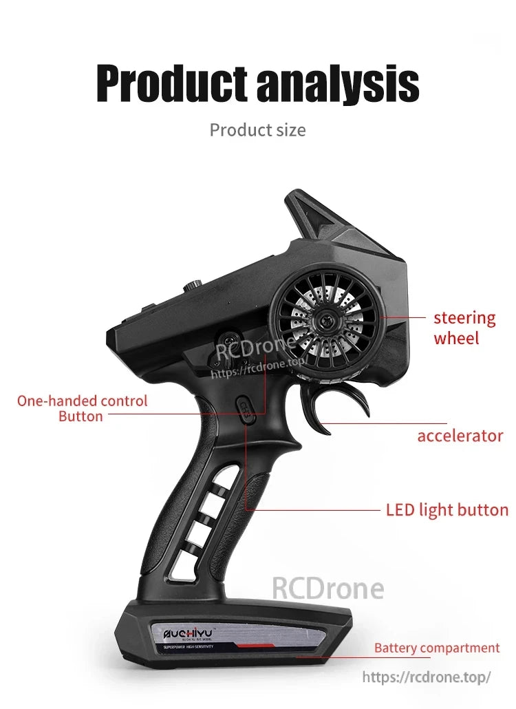 WLtoys 16102 1:16 Rc Car, WLtoys 16102 RC car remote features steering wheel, accelerator, LED button, battery compartment, and one-handed control for easy operation.