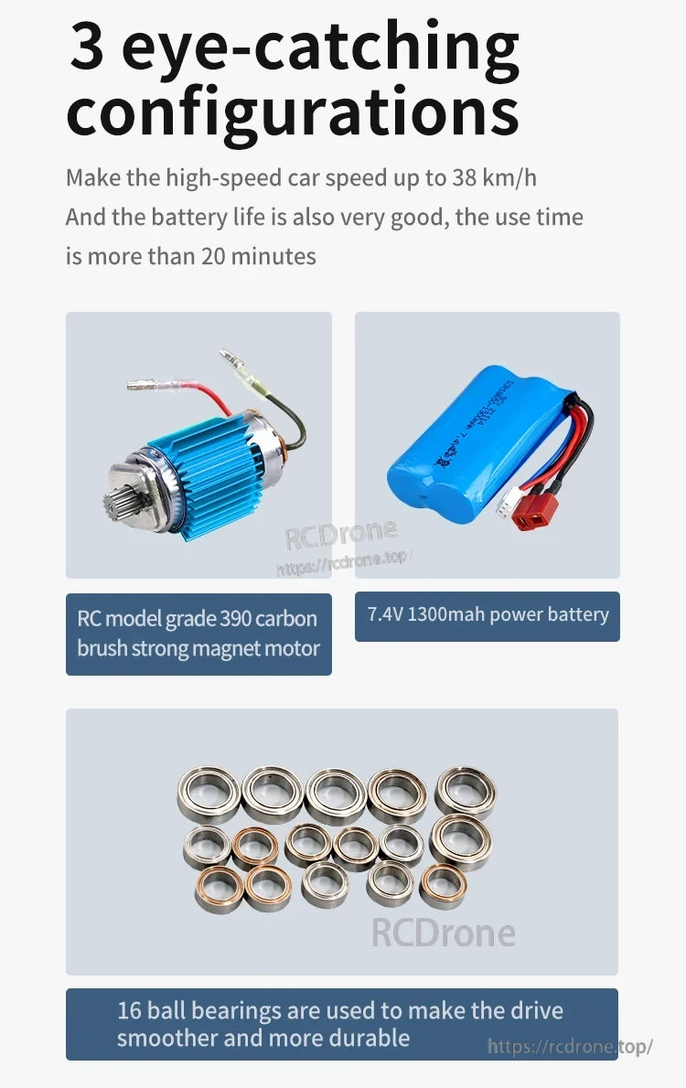 WLtoys 16102 1:16 Rc Car, High-speed RC car reaches 38 km/h, features 390 motor, 7.4V battery, 16 ball bearings, and runs over 20 minutes.