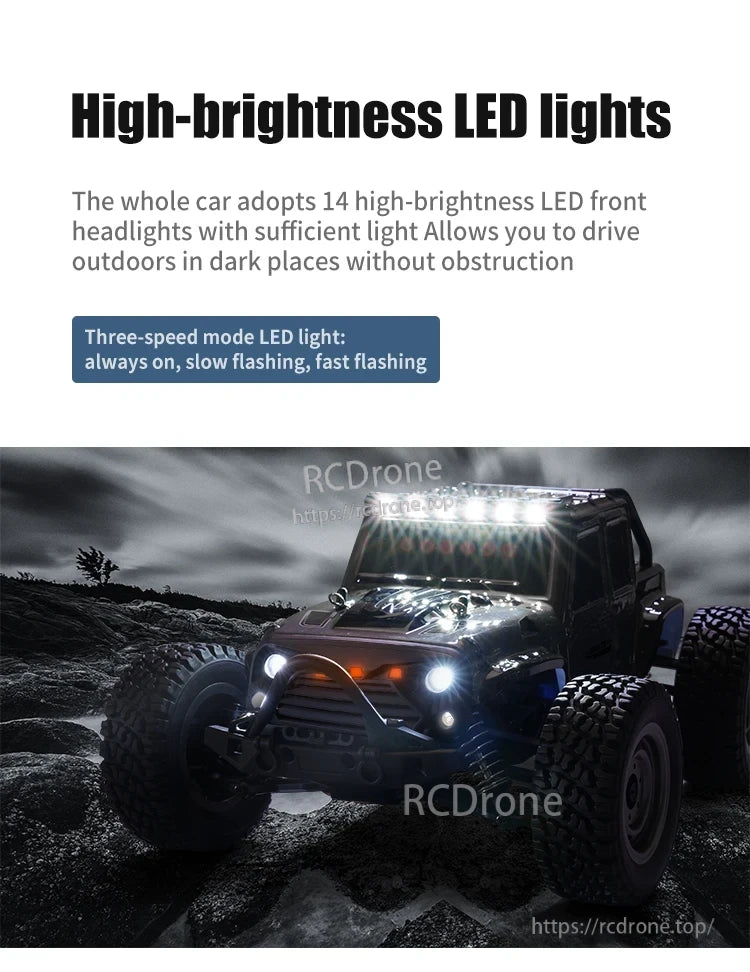 WLtoys 16102 1:16 Rc Car, High-brightness LED lights with 14 LEDs offer three modes: always on, slow flash, and fast flash.